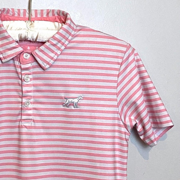 Fieldstone Pink White Stripe Polo Shirt Dog Logo Boys Youth Medium - Picture 2 of 6